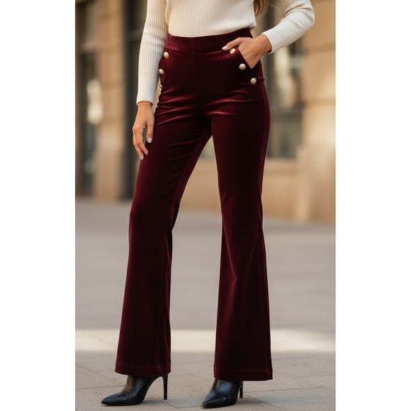 Maison d'Amelie Pants - Royalcore Burgundy Velvet Flares Wide Leg Sailor Pants Gold Buttons Size 2